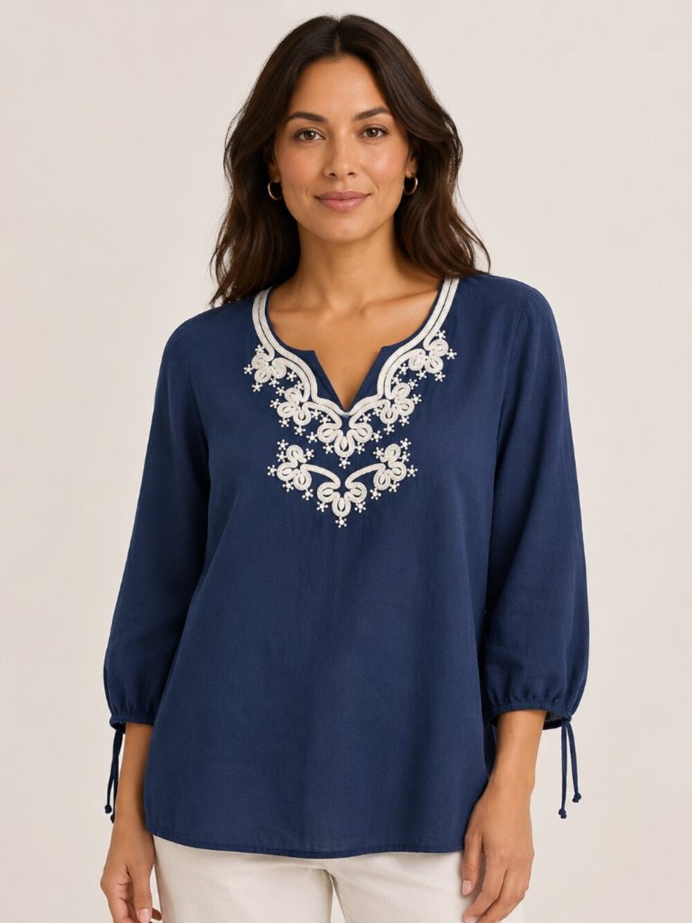 JM Collection Size 18 Navy 100% Linen Beaded Embroidered Tunic Top Boho